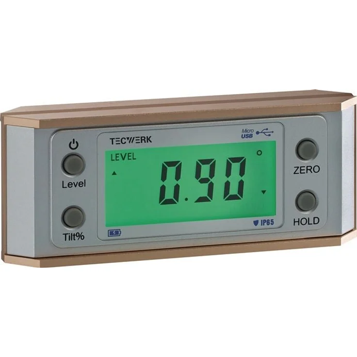 NORDWEST Neigungsmesser TECWERK 0-90° digital, IP65, Aluminiumrahmen, große LCD-Anzeige, Hold-Funktion, integrierter Akku