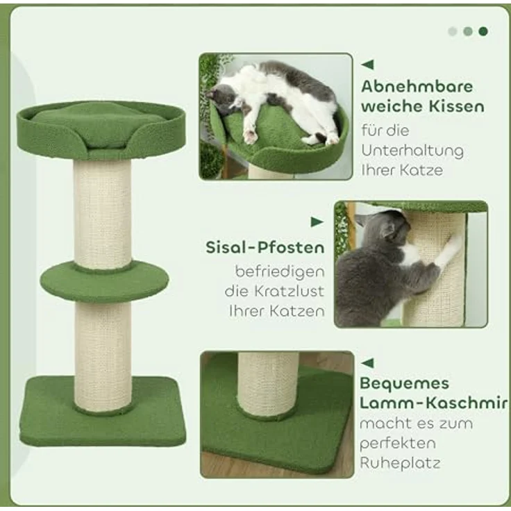 PawHut Kratzbaum 91 cm, mehrstöckiger Katzenkratzbaum mit Sisalstämme, weichem Kissen und stabiler Plattform, für mittelgroße Katzen, Grün – Bild 4