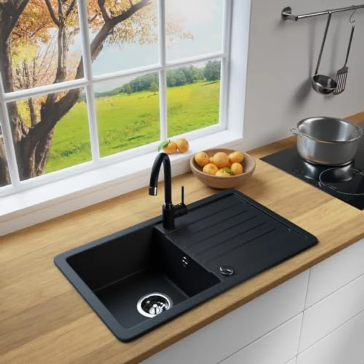 Lindbergh Spülen Rein Schwarz Granit Einbauspüle "VEL44" + Siphon Antibakteriell + Imprägnierung, Made in Germany – Bild 2