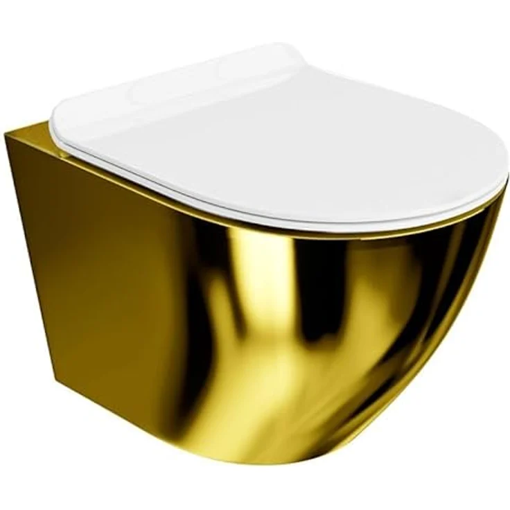 LAVITA Wand-WC Sofi Slim Gold/White | Hänge Toilette | WC Sitz | Toilettendeckel mit Absenkautomatik & Metallscharniere | Toiletten Spülrandlos Hängend | Toilettenbecken | 365x490x395 mm | Weiß/Gold – Bild 1