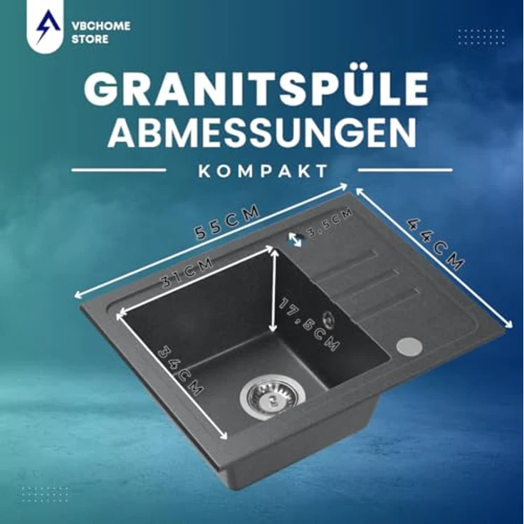 VBChome Granitspüle Schwarz 55 x 44 cm, Einzelbecken Einbauspüle, Reversibel, Gesprenkelt, Pflegeleichtes Spülbecken mit Siphon - Ideal für kleine Küchen – Bild 4