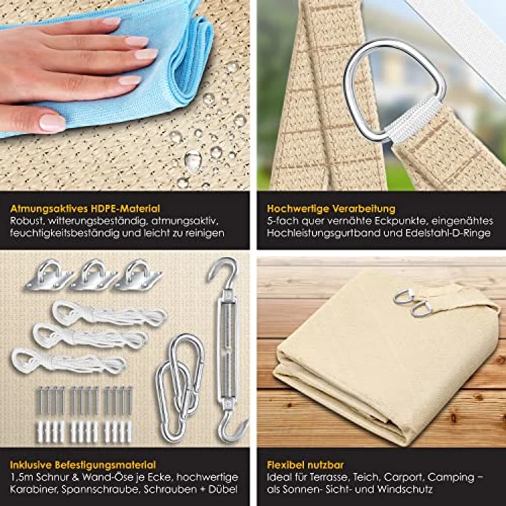 KESSER Sonnensegel Sonnenschutz Windschutz HDPE Gewebe wasserabweisend & windabweisend Dreieck 5-Fach quer vernäht robust & stabil Schattenspender Garten Balkon Terrasse Dreieck, Creme, 5x5x5m – Bild 3