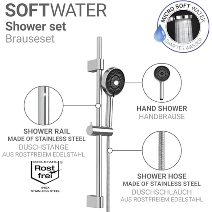 WENKO Brausehalter Softwater, Duschstange mit Handbrause, 3 Strahlarten, Ø 12 cm, mikrofine Düsen, Edelstahl – Bild 3