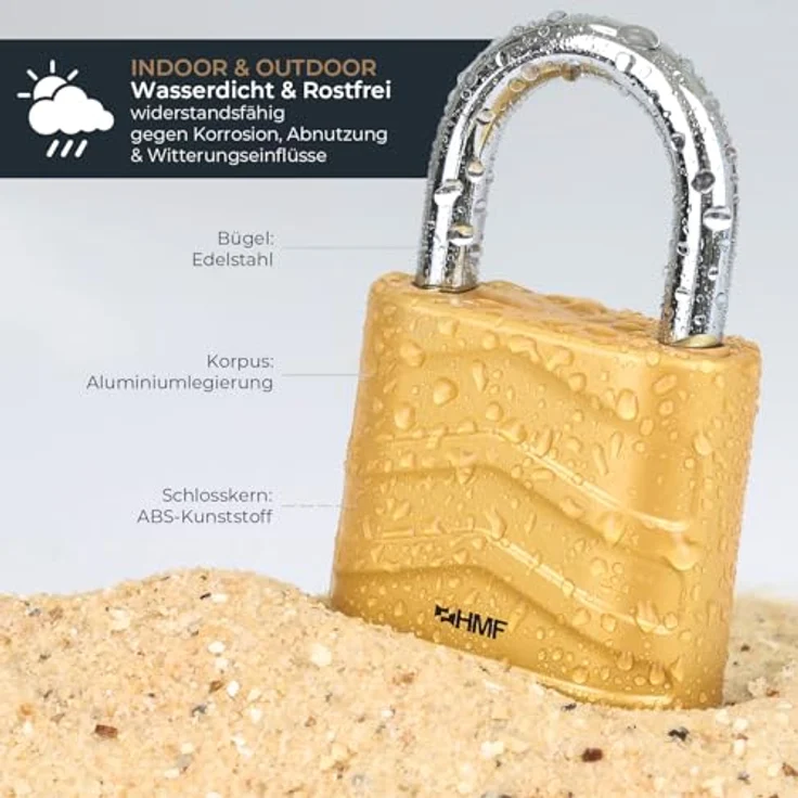 HMF Zahlenschloss Vorhängeschloss, robustes Schloss mit 4-stelligem Zahlencode aus Aluminiumlegierung, 5,6 x 2,6 x 8,7 cm, Gold – Bild 3