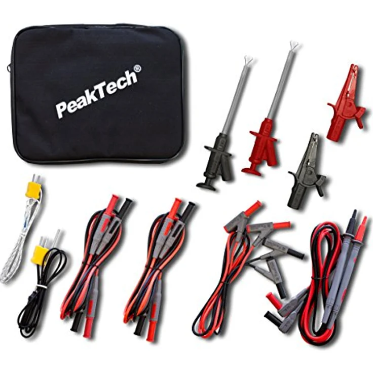 Peak Tech P 8200 Messzubehör Set für Digital Multimeter, Prüfkabel Set, Elektronik Sortiment mit Prüfkabel, Laborleitungen, Messleitungen, Krokodilklemmen, batteriebetrieben - 14-teilig inkl. Tasche - Preisvergleich – Bild 2