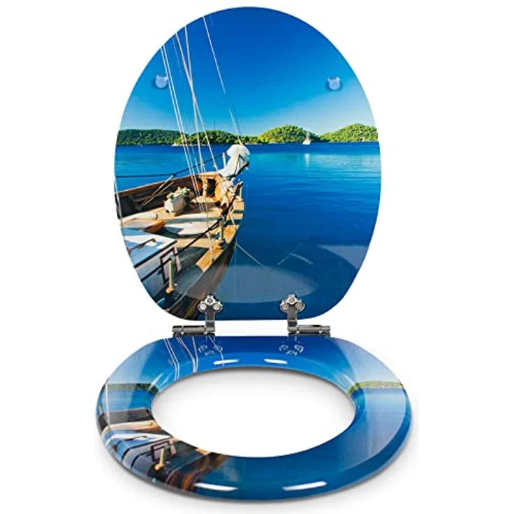 Sanfino WC Sitz Boat Toilettendeckel aus Holz, blau mit Absenkautomatik und verchromten Metallscharniere – Bild 3