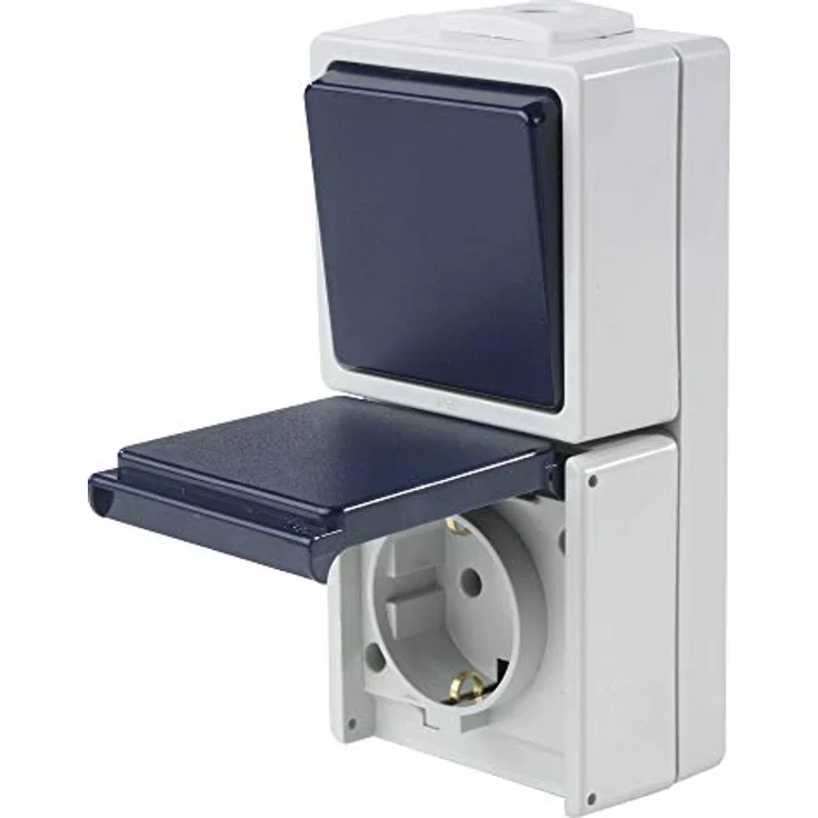 Schwabe Aus-und Wechselschalter mit Steckdose, IP54, UV-beständig, für Leitungen bis 2,5mm², grau, 230V/10A – Bild 1