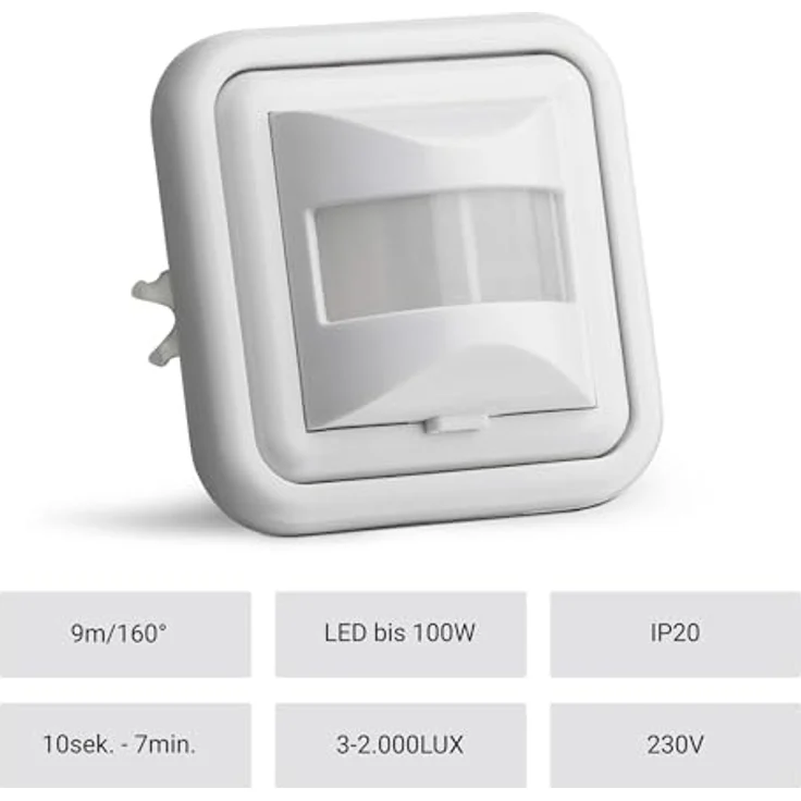 SEBSON® Bewegungsmelder Innen Unterputz, LED geeignet, Wand Montage, IR Sensor programmierbar, UP Dosen 60mm, Hohlraumdose 68mm, Reichweite 9m/160°, 3-Draht – Bild 2