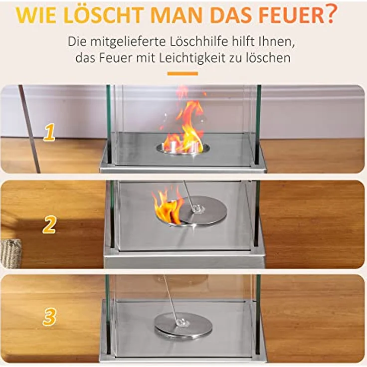 HOMCOM Ethanol-Kamin Feuerschale Bio-Ethanol-Brenner 0,4L 2 Std. Brenndauer 15m² mit Feuerlöschdeckel Edelstahl Hartglas Silber 25 x 25 x 60 cm - Preisvergleich – Bild 5