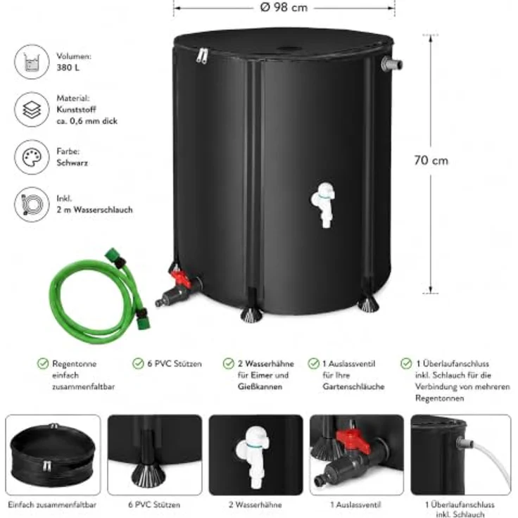 Mucola Regentonne Regenwassertank faltbar mit Hahn, 380 Liter, Schwarz, UV-beständig und platzsparend verstaubar – Bild 3