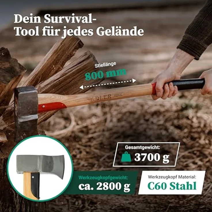 Adler Super Spalter Axt inkl. Lederschutz: Robuste Holzaxt zum Holz spalten, C60-Stahlkopf, 80 cm Hickory-Stiel, Rot/schwarz, 2,8 kg – Bild 2