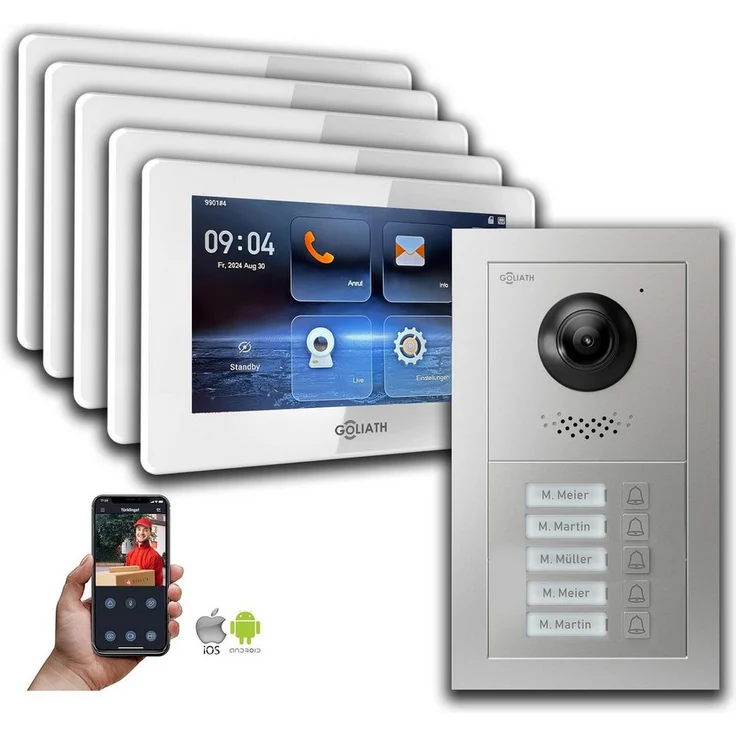 Goliath Intercom GL-HB500, 2-Draht BUS Video-Türsprechanlage mit HD-Kamera, 5 Monitore, Smartphone-Steuerung, silber