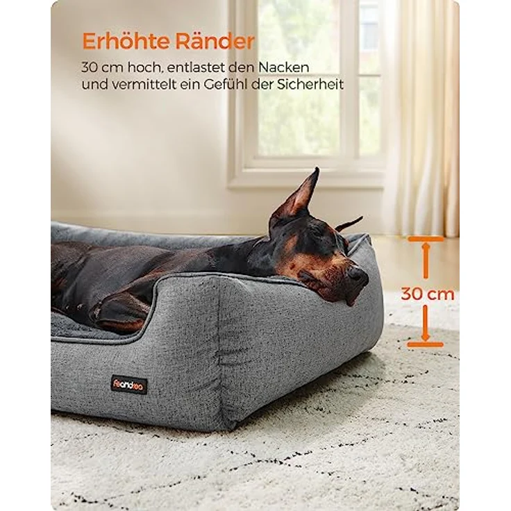 Feandrea Hundebett, Hundekissen in Leinenoptik, Hundekorb, erhöhte Ränder, rutschfeste Unterseite, abnehmbarer waschbarer Bezug, XXL, 120 x 90 x 30 cm, hellgrau – Bild 3