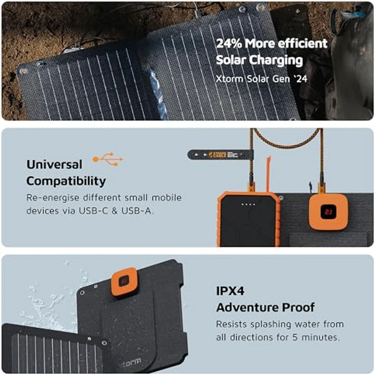 Xtorm SolarBooster, Solarpanel Xtreme Series, 14 W, tragbar, mit LCD-Anzeige und USB/USB-C Anschlüssen für mobiles Laden – Bild 4