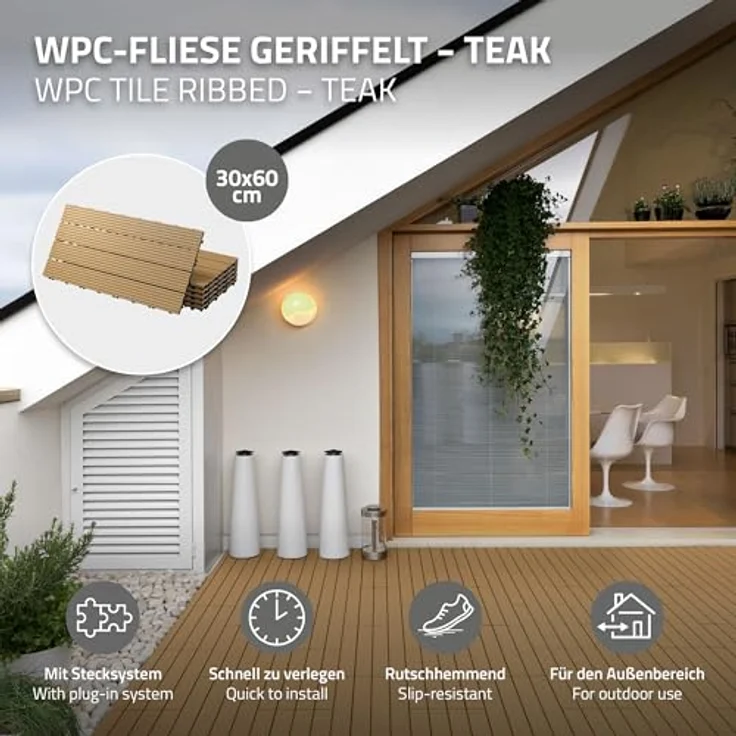 ECD Germany WPC Terrassenfliesen 60x30 cm 24er Spar Set für 4m² Teak in Holzoptik für Garten Balkon Bodenbelag mit Drainage und Klicksystem Terrassendielen Balkonfliesen Klickfliesen Holzfliesen – Bild 3
