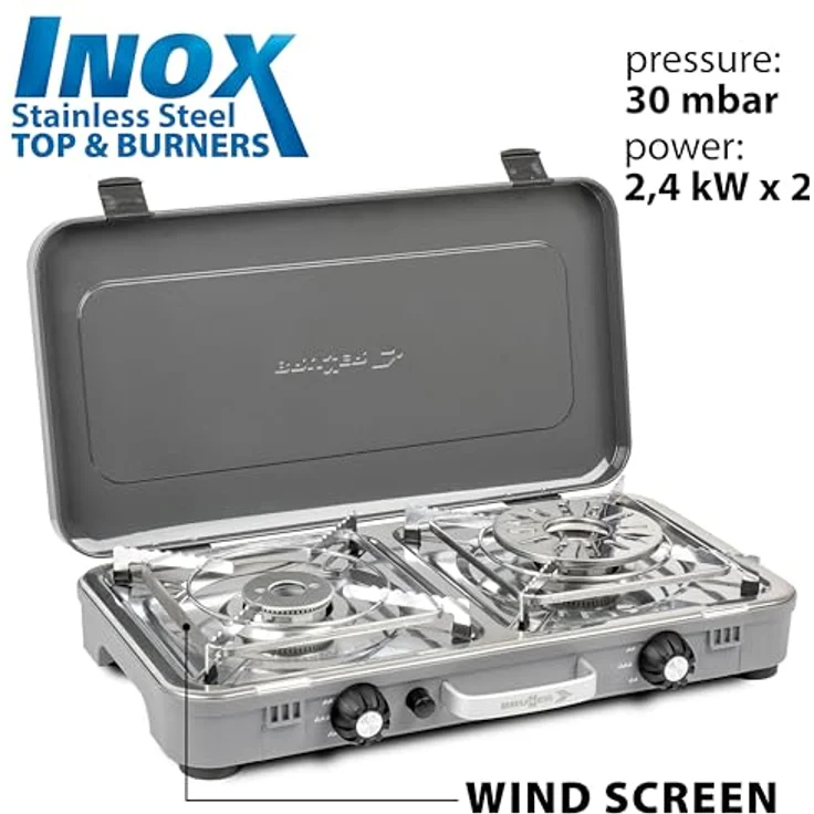 Brunner Devil Kookmaster GP, 2-flammiger Gaskocher mit Edelstahl-Kochfläche und piezoelektrischer Zündung, inkl. Grillplatten – Bild 2