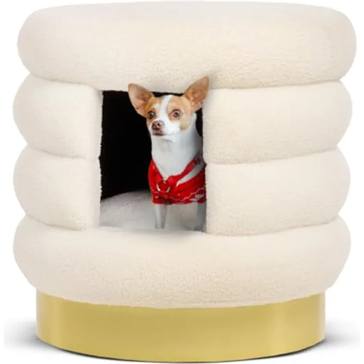 CanadianCat Company | Haustierbett Choupette - Design-Hundhütte für kleine Hunde | Hundemöbel TEDDY weiß-Gold | ca. 58 x 58 x 59 cm