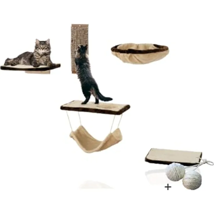 Rohrschneider® Katzen-Kletterwand 6-teilig in Beige | Kletterlandschaft mit Kratzbrett, Katzen Höhlenbett & Wandelementen | Katzenwandmöbel mit Katzenkratzbretter Wand | Katzen Kletterlandschaft 