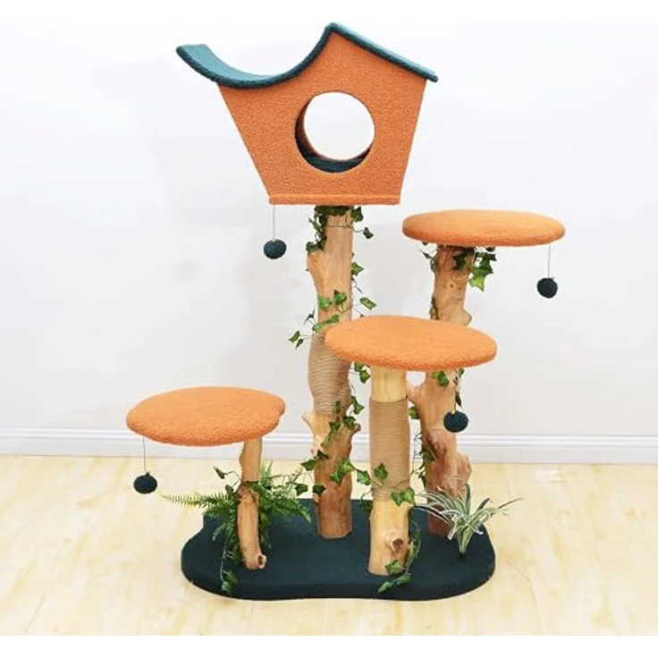 Fudajo Kratzbaum mit Pflanzendeko 135 cm, Teddyfell und Birnbaumholz, Katzenhaus mit Spielbällen, Katzenmöbel, grau – Bild 2