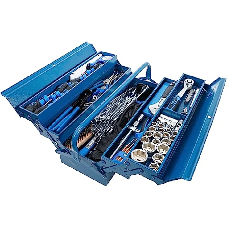 BGS Werkzeugkoffer, Metall-Werkzeugkasten mit 137-teiligem Werkzeug-Sortiment, hammerschlagblau, automatische Schließfunktion, ausziehbare Fächer – Bild 3