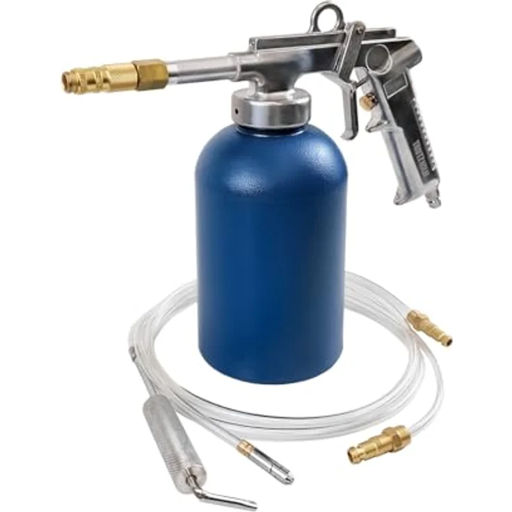 TRUTZHOLM Druckbecherpistole zur Hohlraumversiegelung, 1100 ml Tank, inkl. Runddüse, Hakendüse und Schläuche, blau – Bild 1