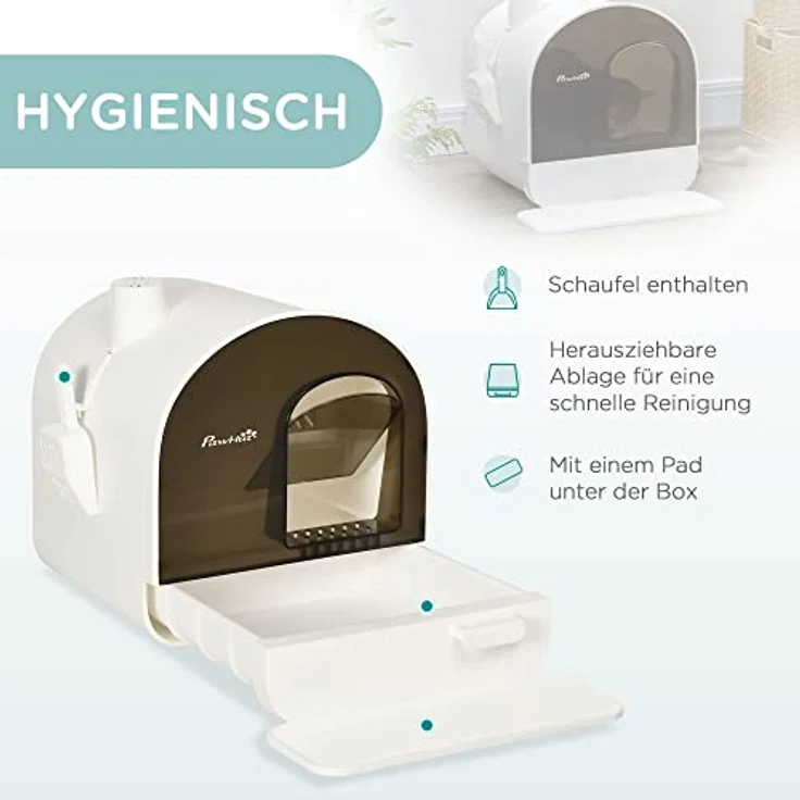 PawHut Katzentoilette Toilette mit Haube für Katzen bis 5 kg Katzenklo mit Deckel inkl. Schaufel ausziehbares Tablett Katzenstreu Matte Kunststoff Weiß 43 x 44 x 47 cm – Bild 4
