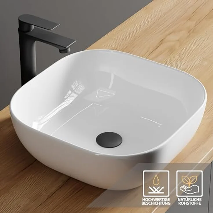 Planetmöbel Aufsatzwaschbecken Aquil, Keramik Waschbecken 42 cm, quadratisch, ohne Hahnloch und Überlauf, weiß – Bild 4