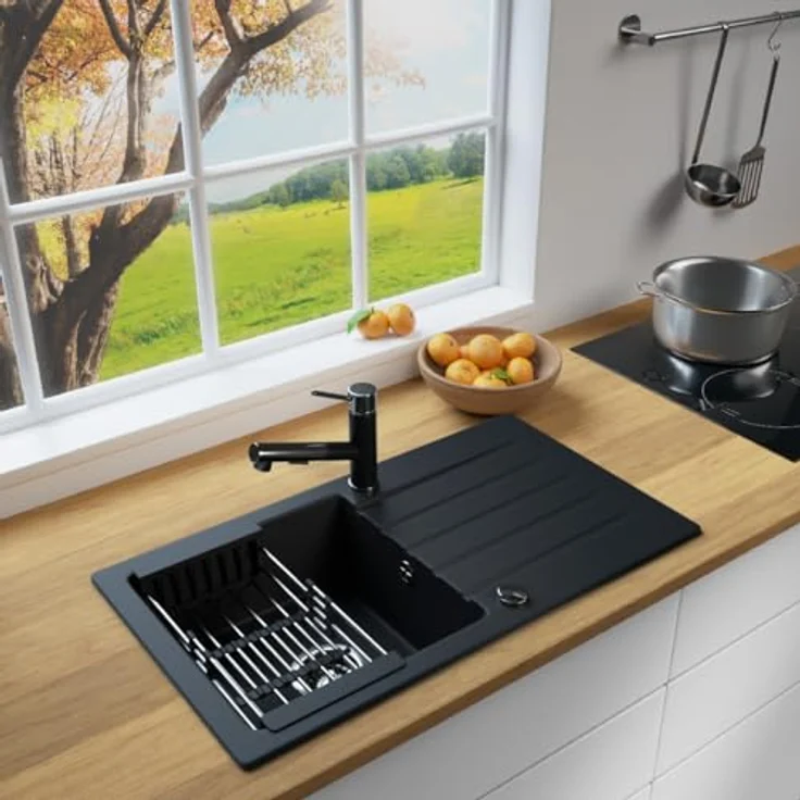 Lindbergh Spülen Rein Schwarz Granit Spüle "MEG44" + Siphon Antibakteriell MADE IN GERMANY (7. Spüle MEG44 + Korb) – Bild 2