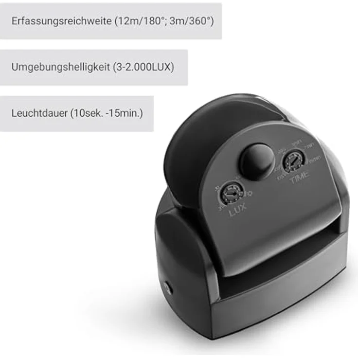 SEBSON® Bewegungsmelder Aussen IP65 Aufputz, LED geeignet, programmierbar, Infrarot Sensor 12m / 180° - 3m / 360° (2 Sensoren), Wand Montage schwenkbar, 3-Draht – Bild 4