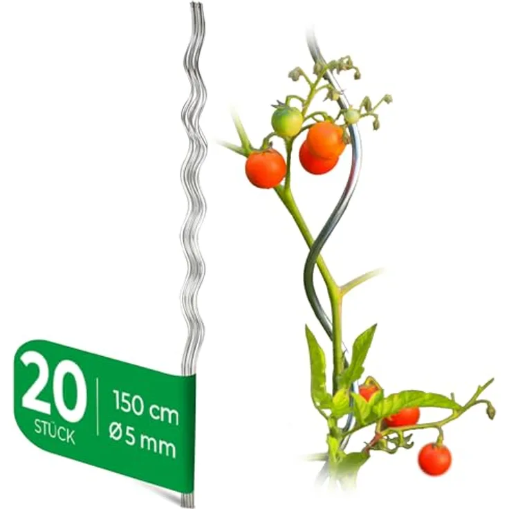 Novatool Tomatenspiralstäbe, 20 Stück, verzinkte Rankhilfe für Tomaten und Kletterpflanzen, 150 cm x 5 mm Ø