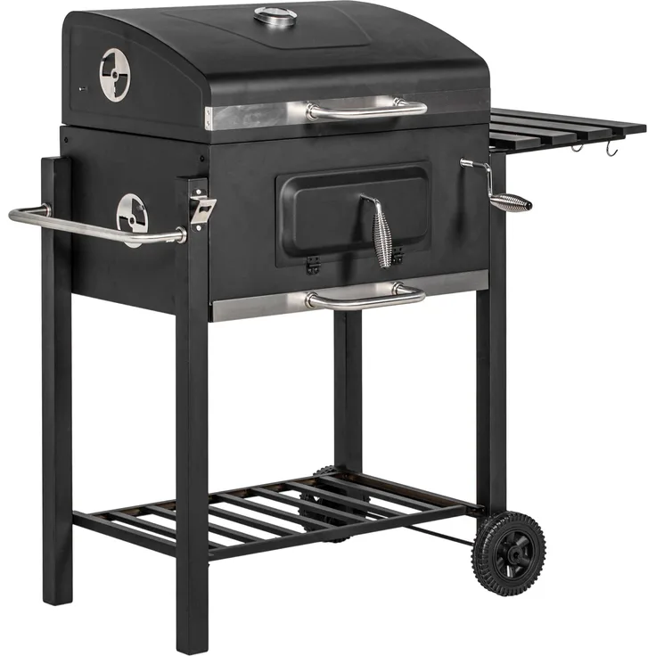 Xdovet Grillwagen Holzkohlegrill BBQ Standgrill Edelstahl Schwarz, temperaturregelbar, 55x41,6 cm Grillfläche, integriertes Thermometer, mobil mit 2 Rädern, für Garten & Terrasse