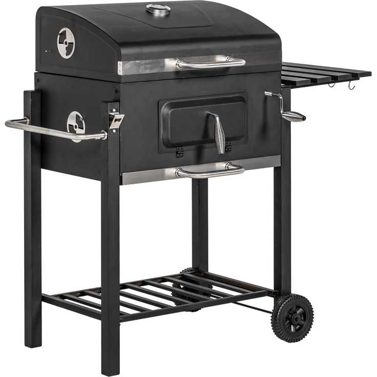 Xdovet Grillwagen Holzkohlegrill BBQ Standgrill Edelstahl Schwarz, temperaturregelbar, 55x41,6 cm Grillfläche, integriertes Thermometer, mobil mit 2 Rädern, für Garten & Terrasse