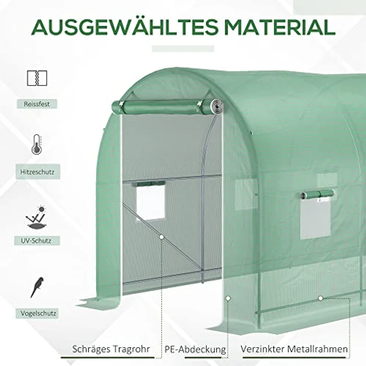 Outsunny Foliengewächshaus Tomatengewächshaus Treibhaus Folientunnel Frühbeet mit Fenster Grün 500 x 200 x 210 cm – Bild 4