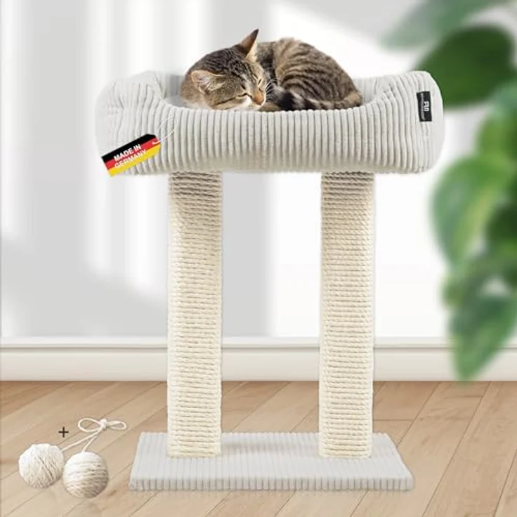 Rohrschneider Kratzbaum Wolly 2 breite Kratzsäulen Katzenbett Cordstoff, Made in Germany, versch. Farben – Bild 1
