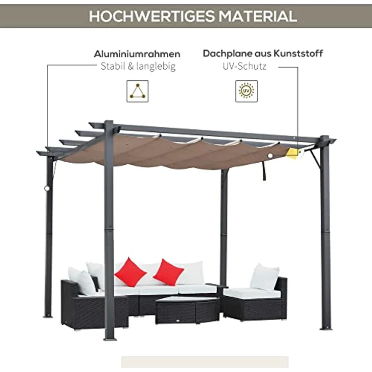 Outsunny Pergola Pavillon Terrassenüberdachung mit Schiebedach Garten Alu Kohlegrau+Kaffeebraun 3x3x2,23 m – Bild 5