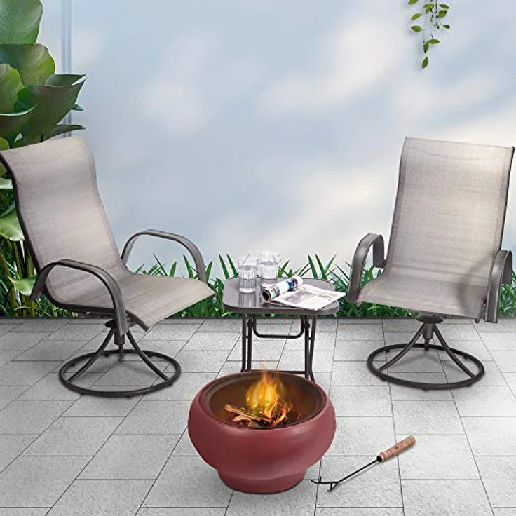 Teamson Home Garten Kleine, Runde Holzfeuerstelle, Gartenmöbel, Kaminofen, Feuerstellenheizung, Feuerschale, Holzbrenner mit Schürhaken, Grill und Deckel, Rot – Bild 4