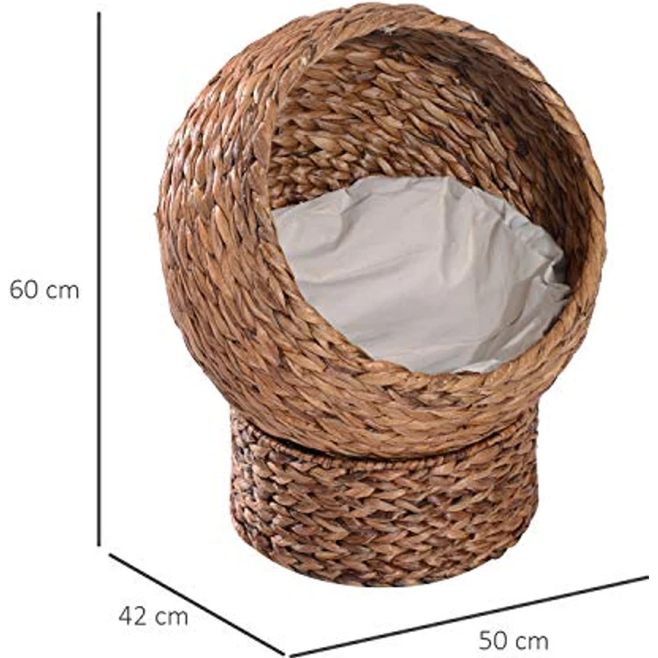 PawHut Rattan Katzenkorb Katzenhöhle Katzenhütte Katzenbett mit Kissen Haustierbett Wasserhyazinthe Hellbraun 50 x 42 x 60 cm – Bild 3