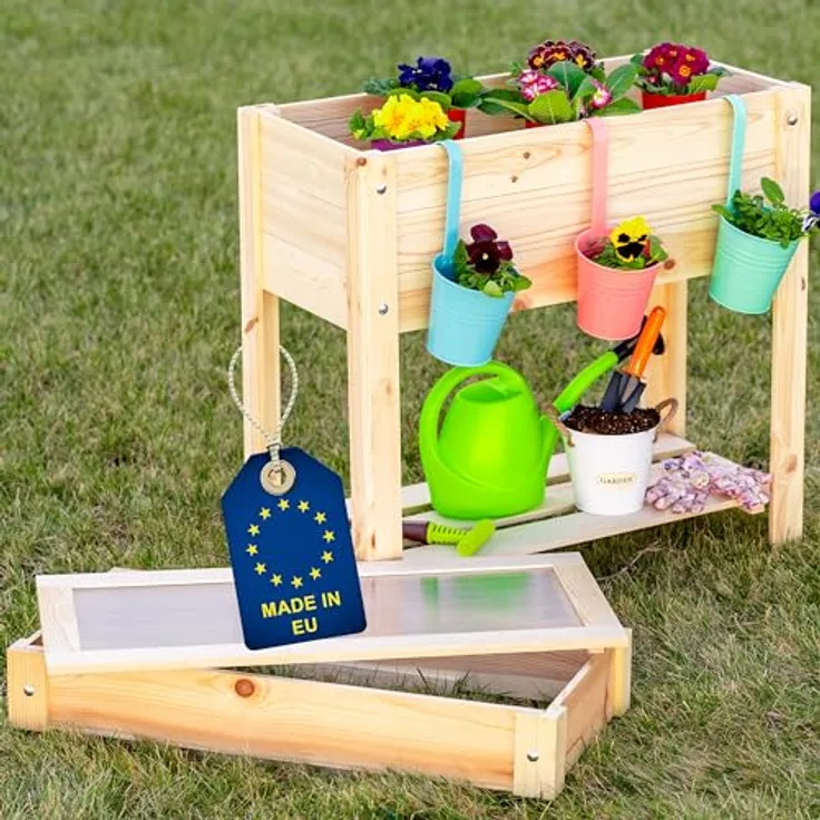 ITA Hochbeet mit Frühbeetaufsatz 80x37x78 cm - Pflanzkasten, Ablageboden, Innenfolie - FSC Holz - Garten Balkon Terrasse - Natur