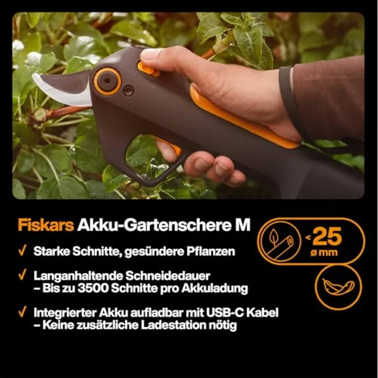 Fiskars Akku-Gartenschere M Bypass, 8V Lithium-Ionen-Akku, 2 Schneide-Modi für Äste bis Ø 25 mm, USB-C-Ladekabel, Schwarz/Orange, 1082297 – Bild 4