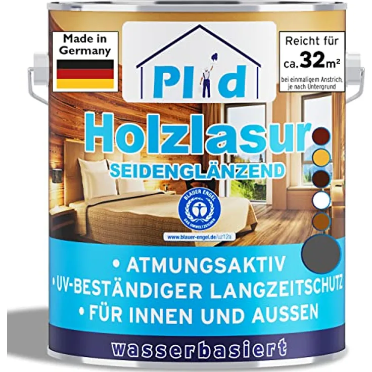 plid® Holzlasur Innen & Aussen Grau 2,5L - Holzschutzlasur Außen mit UV beständigem Langzeitschutz- Grundierung Holz Außen - Holzschutzgel - Holz Lasur atmungsaktiv - Made in Germany