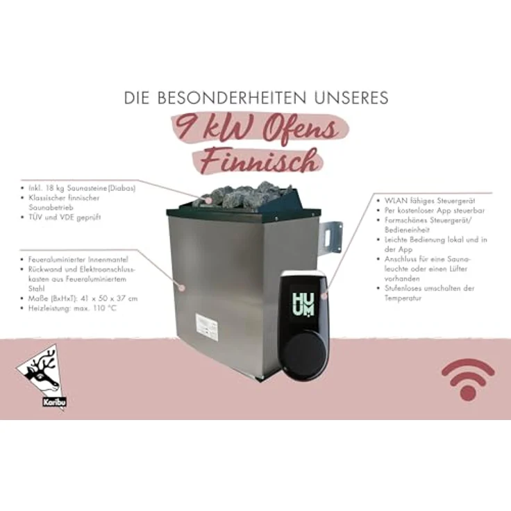 Karibu Saunaofen-Set 9 kW, mit Außensteuerung und WiFi-Steuerung, inklusive Temperaturfühler, Kindersicherung und Überhitzungsschutz – Bild 2