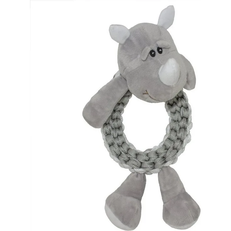 DUVO+ Zoo Friends Nashorn Ring, Tierkuscheltier Hundespielzeug aus Velboa-Plüsch, grau, 32 x 19 x 10 cm mit Quietscher und gewebtem Nylonseil