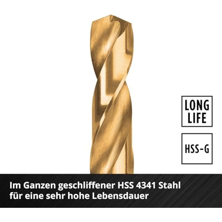 Einhell 13-tlg. HSS-G Titan Metallbohrer-Set, HSS 4341 Stahl, titaniumbeschichtet, 135°-Split-Point-Spitze, gefräste Typ N Spirale, Rundschaft, Aufbewahrungskassette mit Auto-Lock-Clip-Verschluss – Bild 5