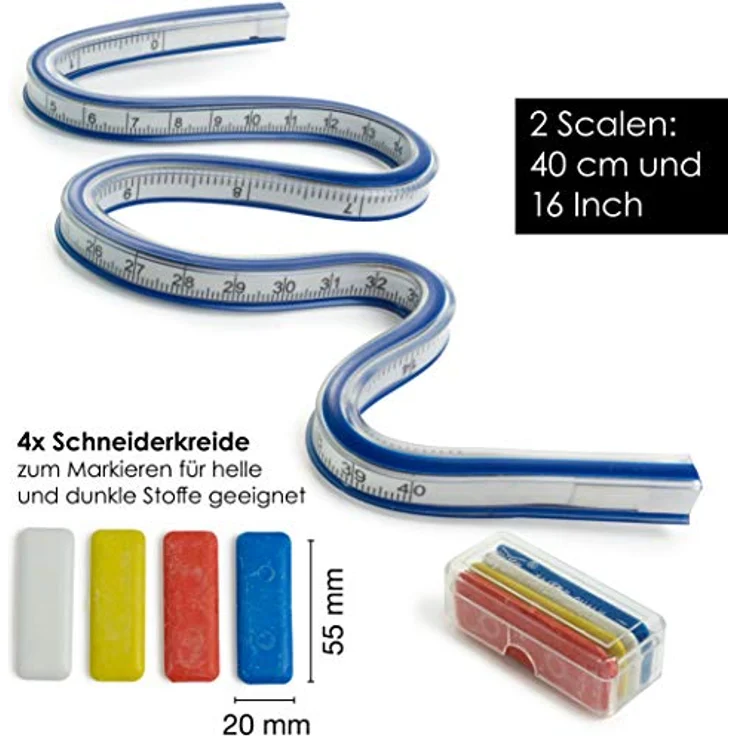 OfficeTree Flexibles Kurvenlineal 40 cm - 16 Zoll - Kurvenlineal Schneiderbedarf - Kurvenlineal Flexibel Nähen & Zeichnen mit perfektem Werkzeug - Flexibles Lineal inkl. 4x Kreide – Bild 2