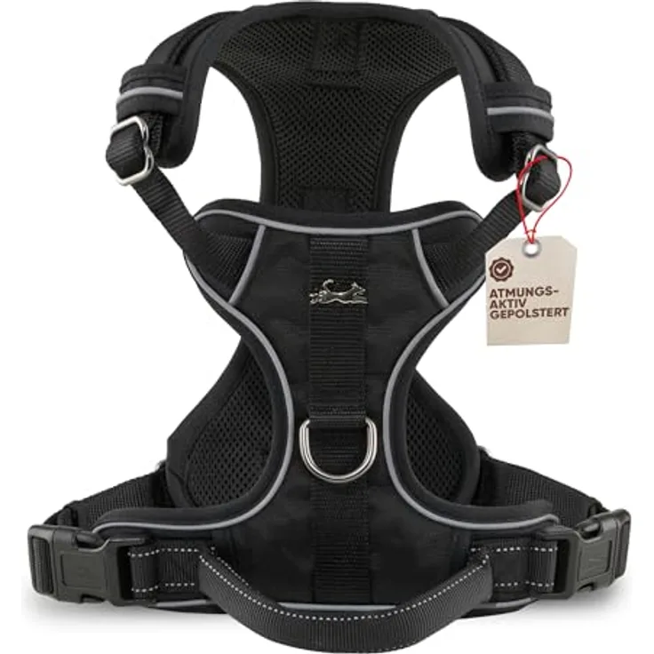 FREUDENTIER® Hundegeschirr mit atmungsaktiver Mesh-Polsterung - Höchster Komfort & bombenfester Sitz - Mit Anti-Zieh-Frontring - Brustgeschirr für große, mittelgroße und kleine Hunde (Black, L)