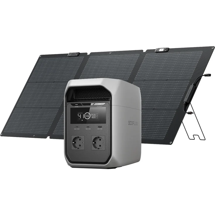 EcoFlow DELTA 3 Classic Tragbare Powerstation, 1024 Wh LiFePO4, 1800 W AC Ausg./3600 W Spitzen, mit 160 W Solarpanel, hellgrau
