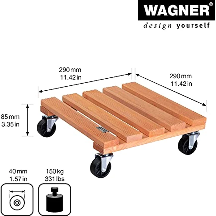 WAGNER Pflanzenroller Toscana 29 x 29 x 8,5 cm I Pflanzenroller & Blumenroller für Außenbereich + Innenbereich, Kiefer Terracotta I Kübelroller aus Holz I Tragkraft 150 kg I Made in EU - 20015301 – Bild 3
