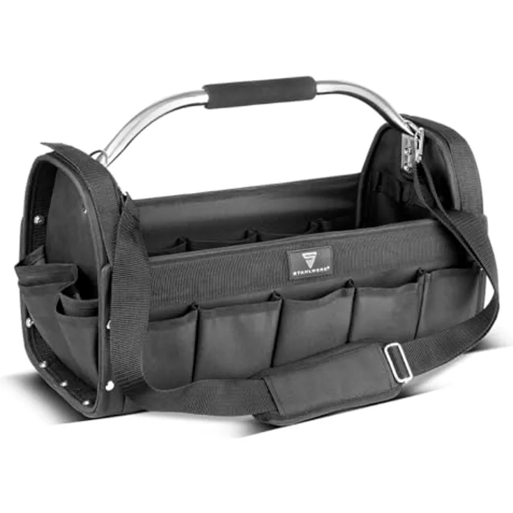 STAHLWERK Werkzeugtasche 18 Außentaschen, 10 Innentaschen, robuste Installateur-Tasche aus strapazierfähigem Polyester mit Tragegriff und Schultergurt