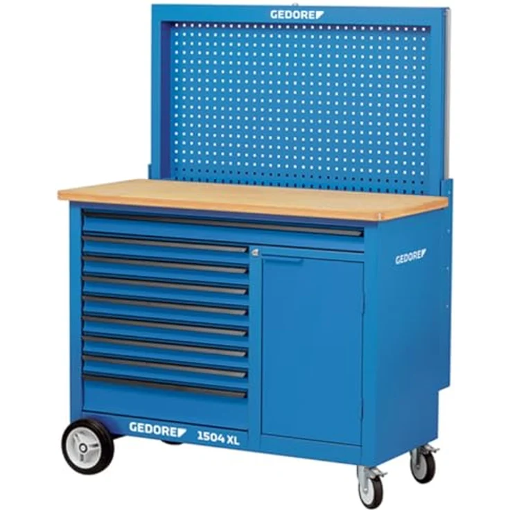 Gedore Rollwerkbank 1,25 m breit, Multiplex Buchen-Schichtholzplatte, 1 XL-Schublade und 8 breite Schubladen, Gesamttragkraft 1000 kg – Bild 2
