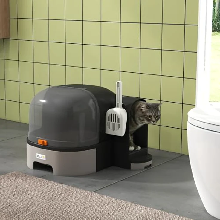 PawHut Katzentoilette, Katzenhaus, Katzenklo inklusive Schaufel, 2 Herausziehbarer Bodenwannen, Haube, Grau, 52 x 60 x 42 cm – Bild 2